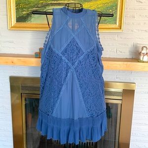 Beautiful, cadet blue, open back, lace and ruffle, mini dress or tunic.